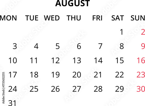 Monthly calendar January, February, March, April, May, June, July, August, September, October, November, December 2026 Vector illustration for print, web, mobile app on transparent background