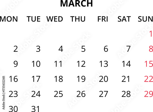 Monthly calendar January, February, March, April, May, June, July, August, September, October, November, December 2026 Vector illustration for print, web, mobile app on transparent background