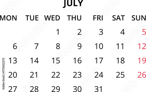 Monthly calendar January, February, March, April, May, June, July, August, September, October, November, December 2026 Vector illustration for print, web, mobile app on transparent background