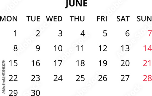 Monthly calendar January, February, March, April, May, June, July, August, September, October, November, December 2026 Vector illustration for print, web, mobile app on transparent background