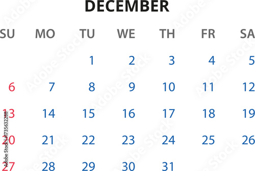 Monthly calendar January, February, March, April, May, June, July, August, September, October, November, December 2026 Vector illustration for print, web, mobile app on transparent background