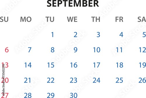 Monthly calendar January, February, March, April, May, June, July, August, September, October, November, December 2026 Vector illustration for print, web, mobile app on transparent background