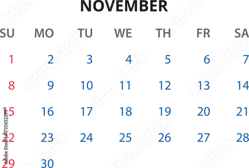 Monthly calendar January, February, March, April, May, June, July, August, September, October, November, December 2026 Vector illustration for print, web, mobile app on transparent background