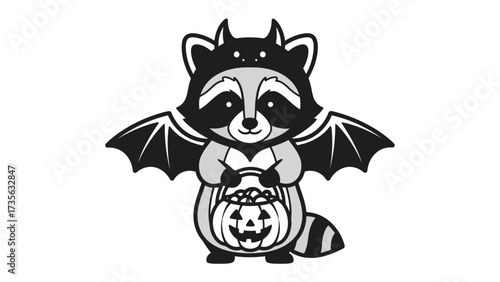 Halloween Raccoon: A whimsical raccoon, donned in a playful bat costume, clutches a carved pumpkin bucket brimming with treats. It's a perfect blend of spooky and sweet for the fall season.