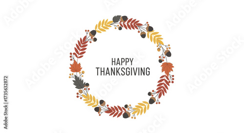 Festive Thanksgiving wreath with autumnal leaves acorns and berries decoration isolated on white