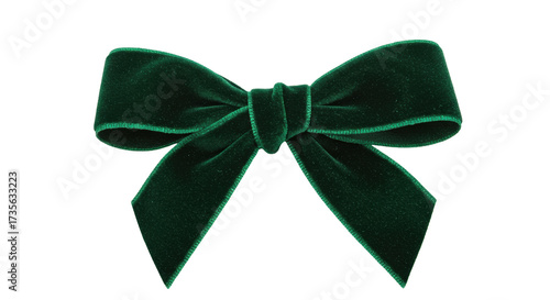 Elegant emerald green velvet bow isolated on transparent background, festive decoration for Christmas and holiday gift wrapping