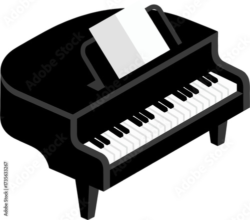 Minimalist Grand Piano Vector Illustration with Sheet Music – Modern Isometric Black Piano