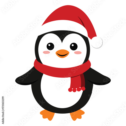 Cute cartoon penguin wearing Santa hat and red scarf on white Christmas