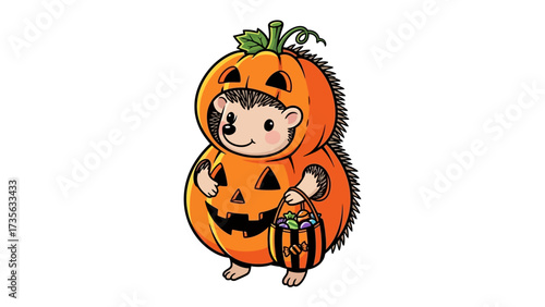 Pumpkin-Clad Hedgehog: A cute hedgehog, dressed up in a carved pumpkin costume, with a striped treat bag in hand, exuding the playful spirit of Halloween.