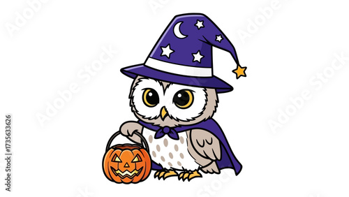 Halloween Owl in Costume: Adorable owl is dressed up in a wizard costume, holding a jack-o'-lantern basket, ready for the festivities of All Hallows' Eve. An illustration of Halloween magic.