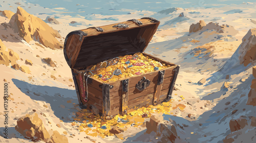 Vector illustration of buried treasure chest in the sand full of gold and jewelry