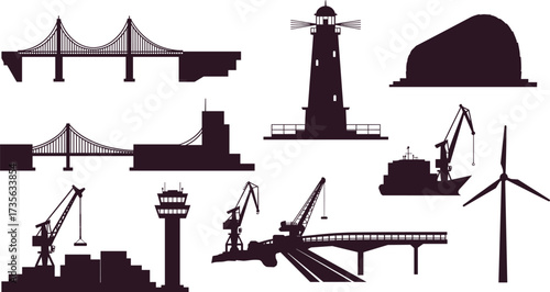 Infrastructure icons, bridge silhouette, crane vector, lighthouse illustration, cargo ship, wind turbine,  