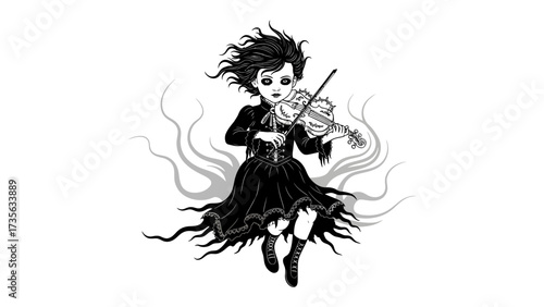 Gothic Violinist: A hauntingly beautiful figure, depicted in monochromatic artistry, plays a violin, its somber melodies floating amidst swirling shadows.