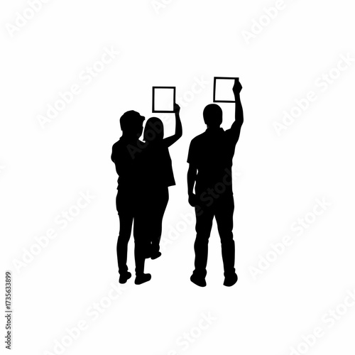 Silhouette of learners drawing simple shapes with trainer s guidance isolated on white background