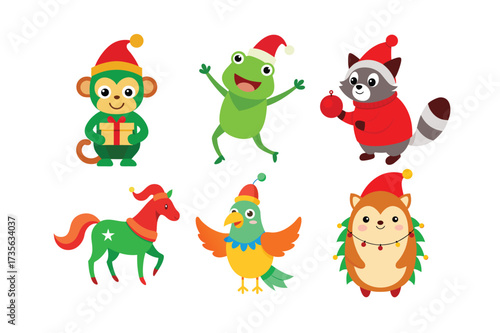 Six flat design Christmas animals and objects on white background icon collection