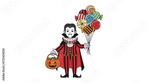 Trick-or-Treat Delight: An animated figure, garbed in a festive vampire costume, joyfully clutching a vibrant bundle of assorted sweets and a beaming jack-o'-lantern pail.