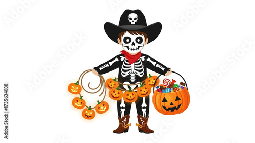 Spooky Cowboy at Halloween: A charming illustration depicts a costumed child, embodying the spirit of Halloween. He wears a cowboy hat, holding a pumpkin-shaped candy bag.