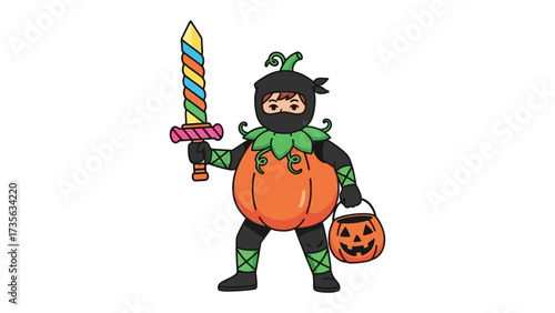 A Spooky Hero: A whimsical illustration depicting a masked ninja in a Halloween costume, sword in hand, a thrilling and playful scene ready to scare.