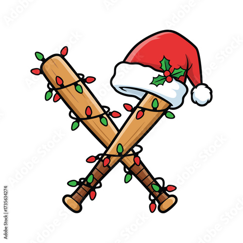 Two crossed baseball bats decorated with festive Christmas lights and a Santa hat sports equipment