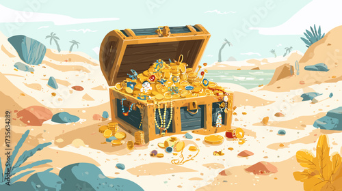 Vector illustration of buried treasure chest in the sand full of gold and jewelry