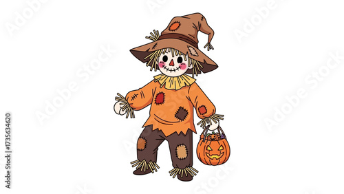 Happy Scarecrow Ready for Harvest: A cheerful scarecrow, adorned in a rustic ensemble with a wide grin, stands prepared with a jack-o'-lantern bucket.