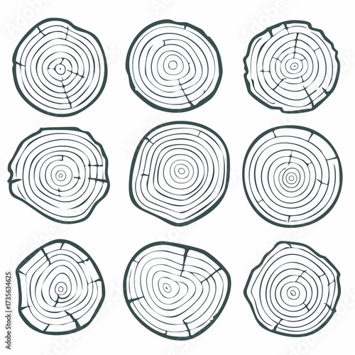 Tree ring wood circle set. Hand drawn tree ring pattern, line ripple circle wood texture. Wood organic slice line design. Vector illustration.