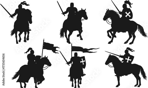 Medieval knight silhouettes, horse warriors, sword combat, lance flags, crusader armor, battle motion, historic fighters, black vector, epic warfare, fantasy scene
