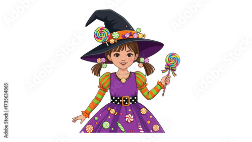 Sweet Enchantress: A young girl in a captivating witch costume, radiating childlike charm with a lollipop.
