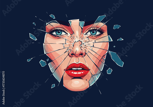 A woman's face is fragmented by shattered glass, creating a dramatic effect.