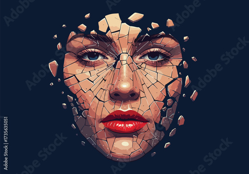 A woman's face is depicted as breaking apart into fragments, revealing a sense of fragility and vulnerability.