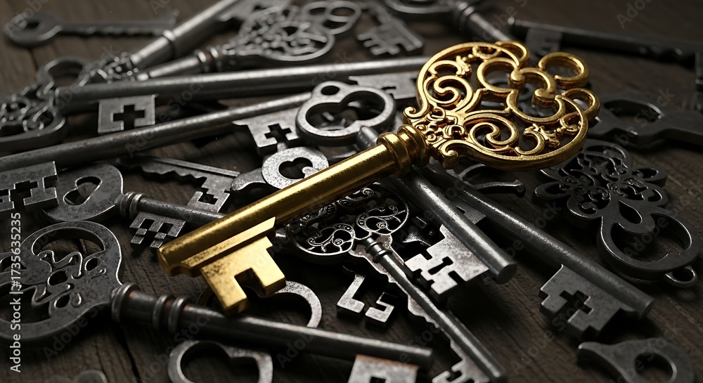 Fototapeta premium A collection of antique keys, with one ornate golden key prominently displayed on top, symbolizing secrets and access