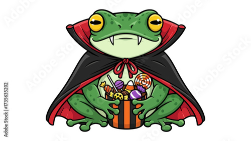 Halloween Vampire Frog: A whimsical cartoon illustration presents a jovial green frog, dressed in a vampire costume, holding a candy-filled Halloween bucket.