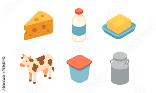 Isometric dairy products collection with cheese bottle cow butter yogurt and milk can
