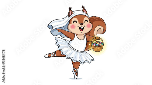 Squirrel Ballerina: A charming, cartoon illustration of a joyful squirrel, donning a ballet tutu, graceful veil, and elegant ballet shoes, carrying a delightful easter basket