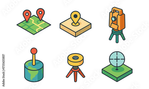 Isometric geolocation icons: map, pin, earth, surveying tools for navigation and travel