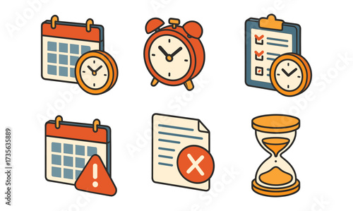 Time management icons set: alarm clock, calendar, checklist, hourglass