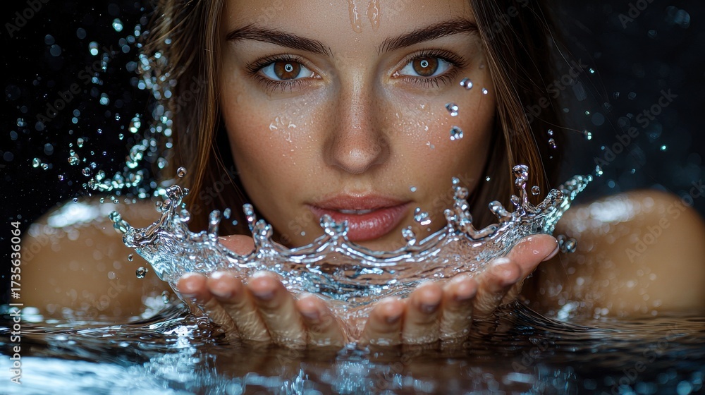 Obraz premium Beautiful young woman with liquid drop crown formation water splash between cupped hands mesmerizing eye contact professional portrait photography