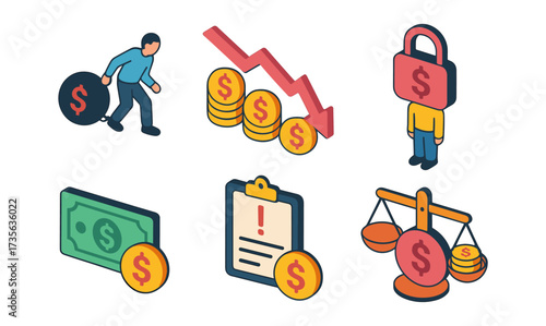 Isometric economic crisis icons: business challenges and financial decline