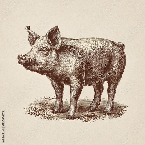 Pig standing on grass vintage agricultural illustration