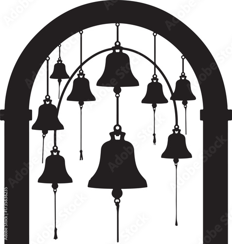 Silhouette illustration of a carillon with multiple hanging bells