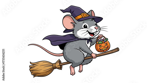 Spooky Mouse Adventure: A charming cartoon mouse, donned in a witch's hat and cloak, soars on a broomstick, holding a pumpkin basket brimming with Halloween treats, set against an animated landscape.