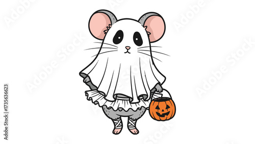 Spooky mouse, Halloween fun: A whimsical, illustrated mouse is dressed up as a ghost, holding a jack-o'-lantern. A captivating blend of Halloween and cartoon charm.