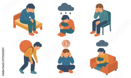 Mental health challenges: characters depicting emotional struggles in simple art style