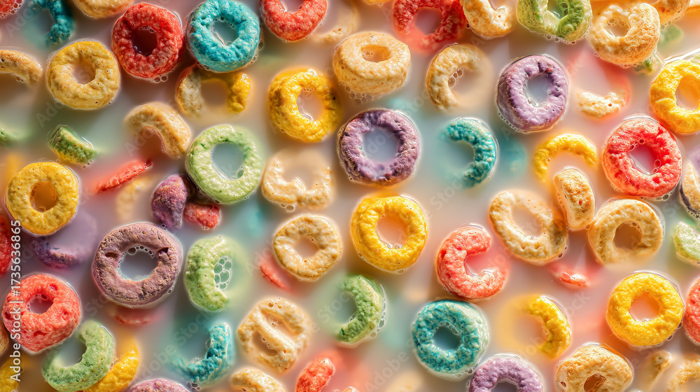 Fototapeta premium Close up of colorful cereal loops floating in a bowl of milk, top down view, breakfast food