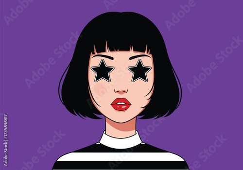 A stylized illustration of a woman with star-shaped eyes, a bold look.