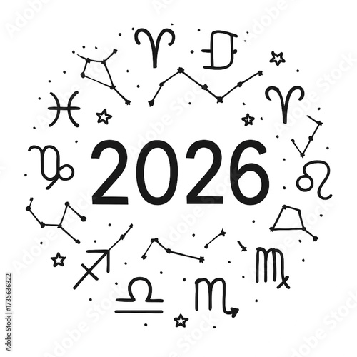 Bold 2026 text surrounded by zodiac symbols, stars, and constellation lines. Astrological New Year celebration vector perfect for posters, greeting cards, banners, and cosmic designs