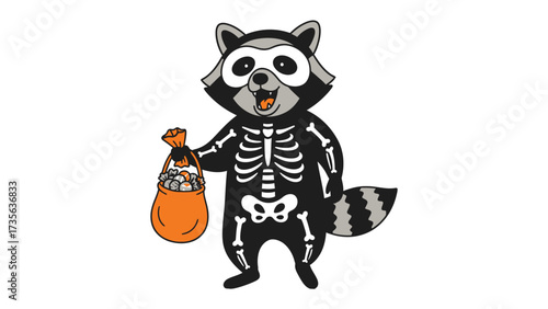 Halloween Raccoon: A charming cartoon raccoon, whimsically dressed in a skeleton costume, merrily carries a pumpkin bag bursting with candies, embodying the spirit of Halloween. 