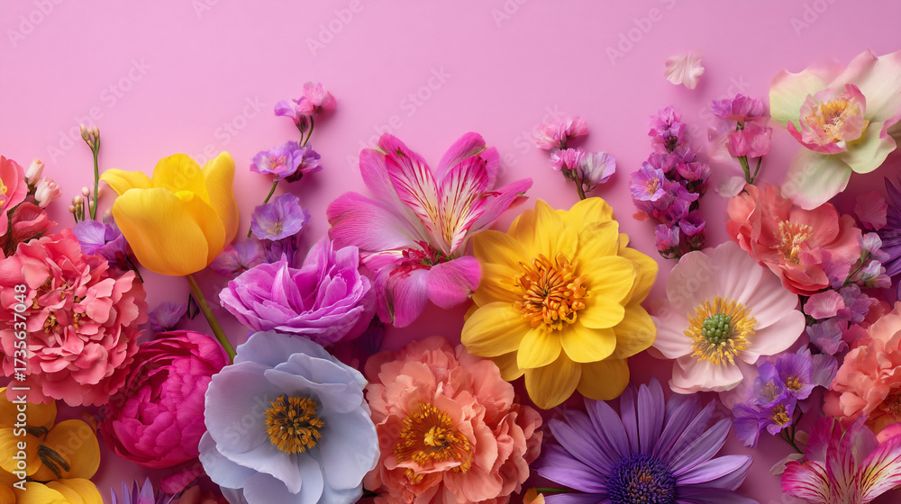 Obraz premium Assorted vibrant flowers arranged on a pink background creating a floral display look