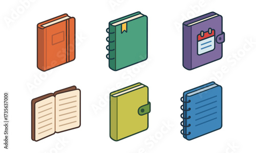 Colorful isometric notebook and journal collection in various styles