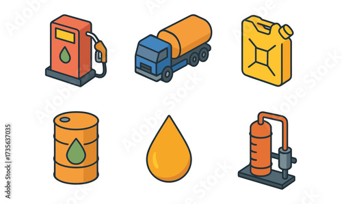 Fuel industry icons set featuring isometric pump, truck, barrel, and refinery elements